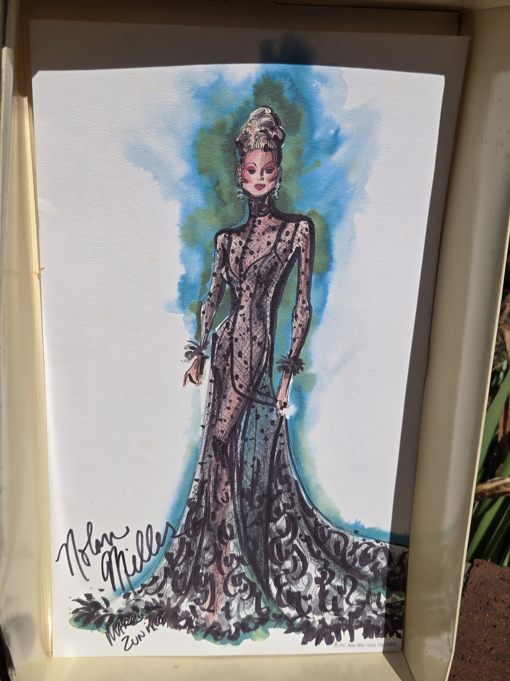 Nolan Miller Sheer Illusion Sheer Tulle Lace Gown First Barbie Doll Art Sketch